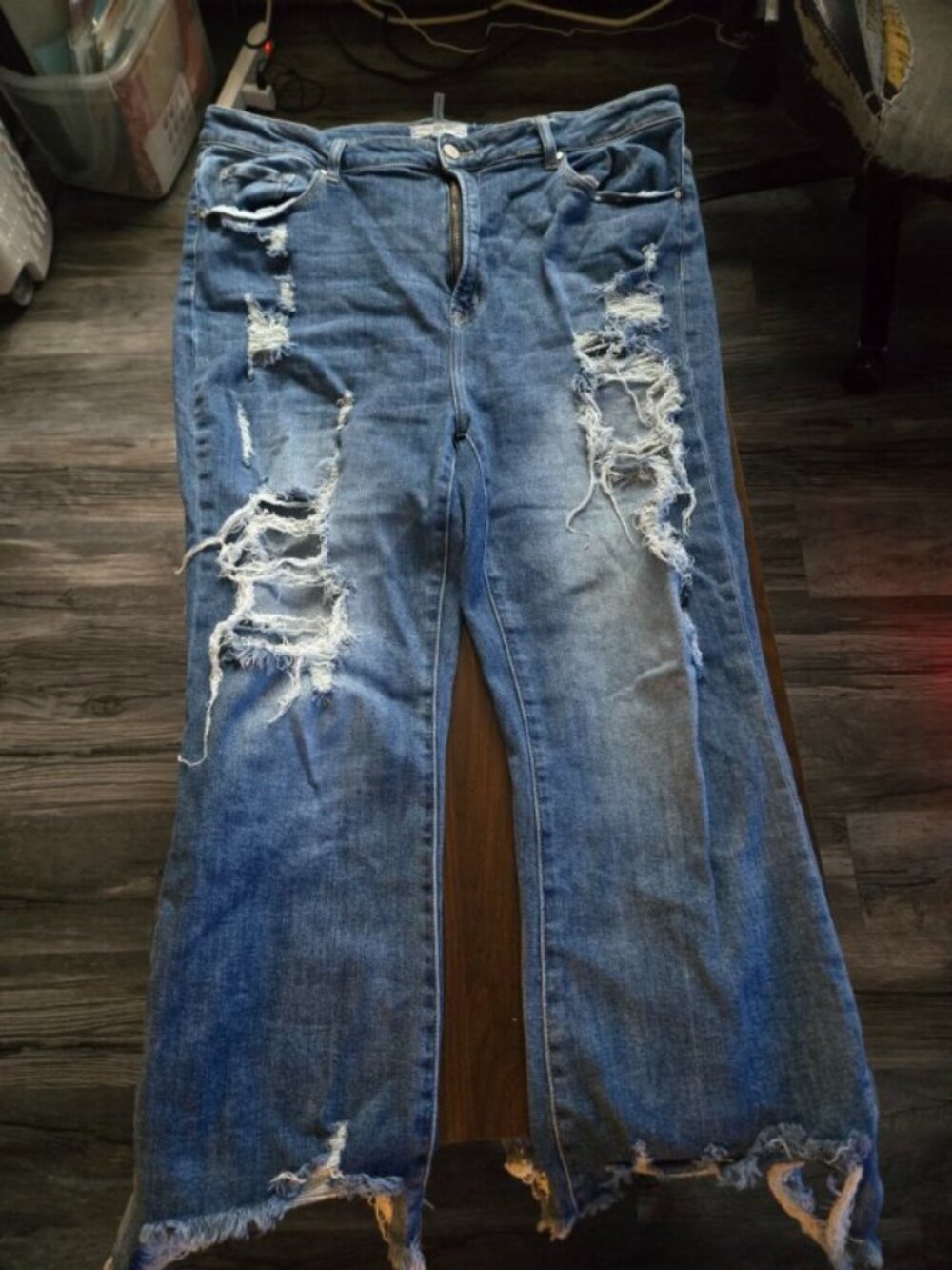 Risen Jeans Womens 3X Plus Stretch Wide Leg Distressed Ragged Raw Hem Denim Dark